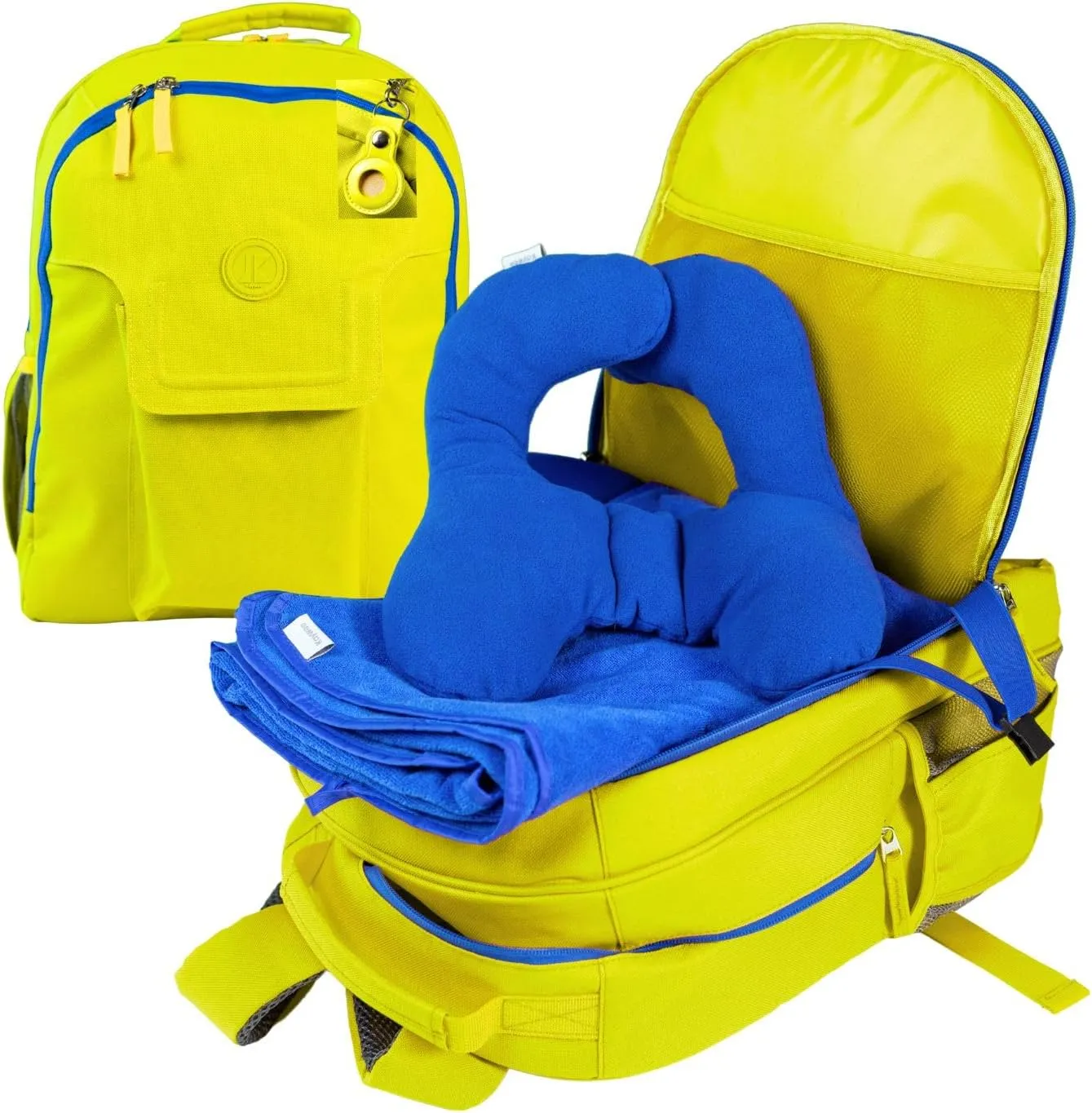 3pc Kids Travel Backpack for airplane | Kids travel pillow and blanket set | Kid AirTag holder included | Lime green backpack