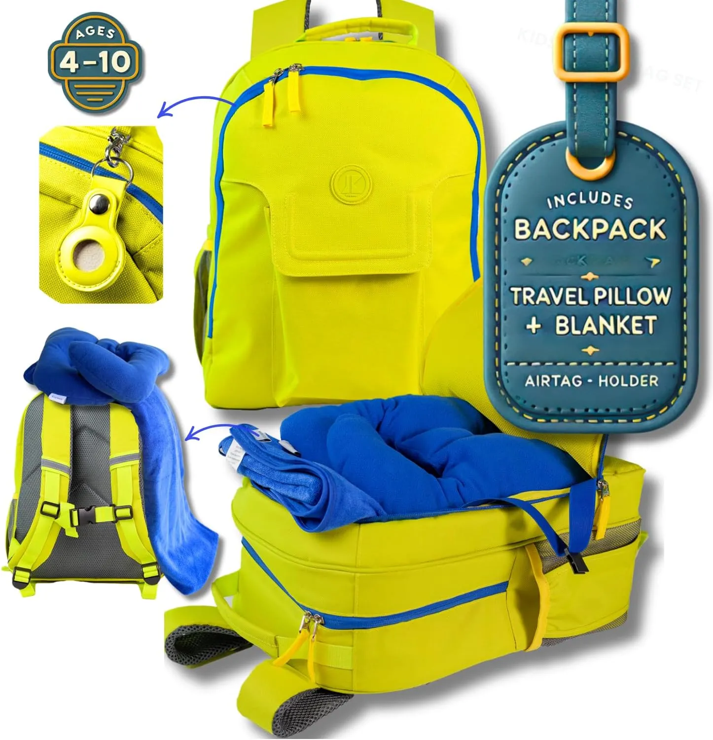 3pc Kids Travel Backpack for airplane | Kids travel pillow and blanket set | Kid AirTag holder included | Lime green backpack