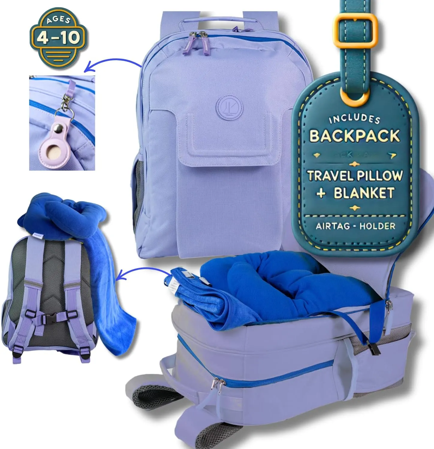3pc Kids Travel Backpack for airplane | Kids travel pillow and blanket set | Kid AirTag holder included | Purple backpack