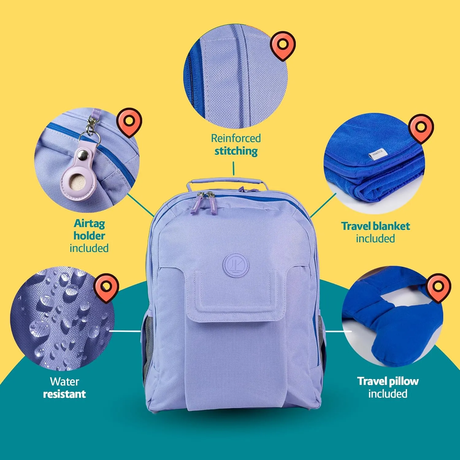 3pc Kids Travel Backpack for airplane | Kids travel pillow and blanket set | Kid AirTag holder included | Purple backpack