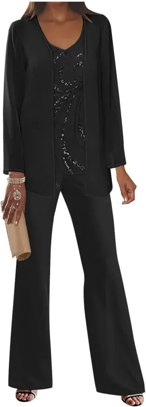 3Pcs Mother of The Bride Dress Pantsuit for Wedding Long Sleeve Lace Formal Outfit with Jacket