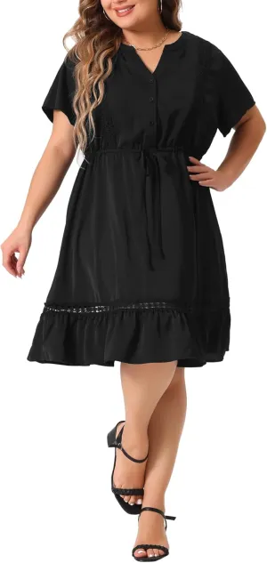 Agnes Orinda Plus Size Dress for Women Button V Neck Summer Midi Ruffle A Line Swing Dresses