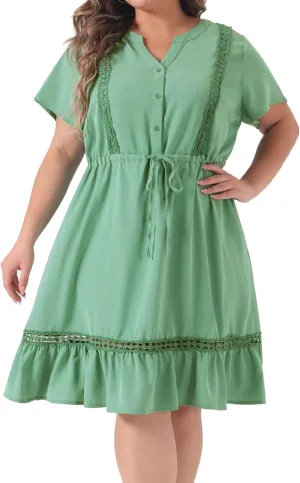 Agnes Orinda Plus Size Dress for Women Button V Neck Summer Midi Ruffle A Line Swing Dresses
