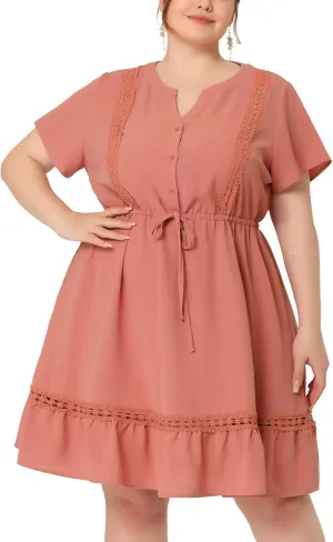 Agnes Orinda Plus Size Dress for Women Button V Neck Summer Midi Ruffle A Line Swing Dresses