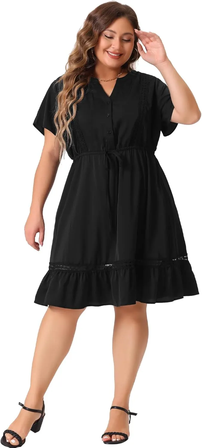 Agnes Orinda Plus Size Dress for Women Button V Neck Summer Midi Ruffle A Line Swing Dresses