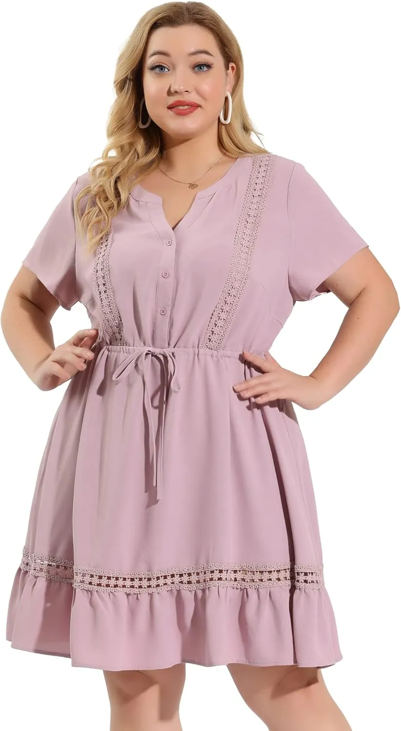 Agnes Orinda Plus Size Dress for Women Button V Neck Summer Midi Ruffle A Line Swing Dresses