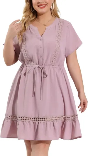 Agnes Orinda Plus Size Dress for Women Button V Neck Summer Midi Ruffle A Line Swing Dresses