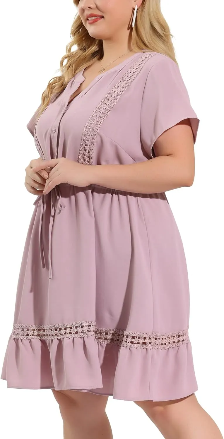 Agnes Orinda Plus Size Dress for Women Button V Neck Summer Midi Ruffle A Line Swing Dresses