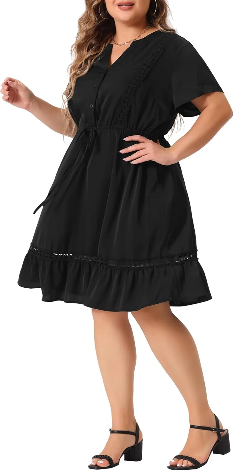 Agnes Orinda Plus Size Dress for Women Button V Neck Summer Midi Ruffle A Line Swing Dresses