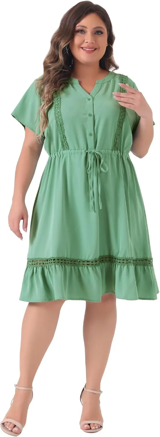 Agnes Orinda Plus Size Dress for Women Button V Neck Summer Midi Ruffle A Line Swing Dresses