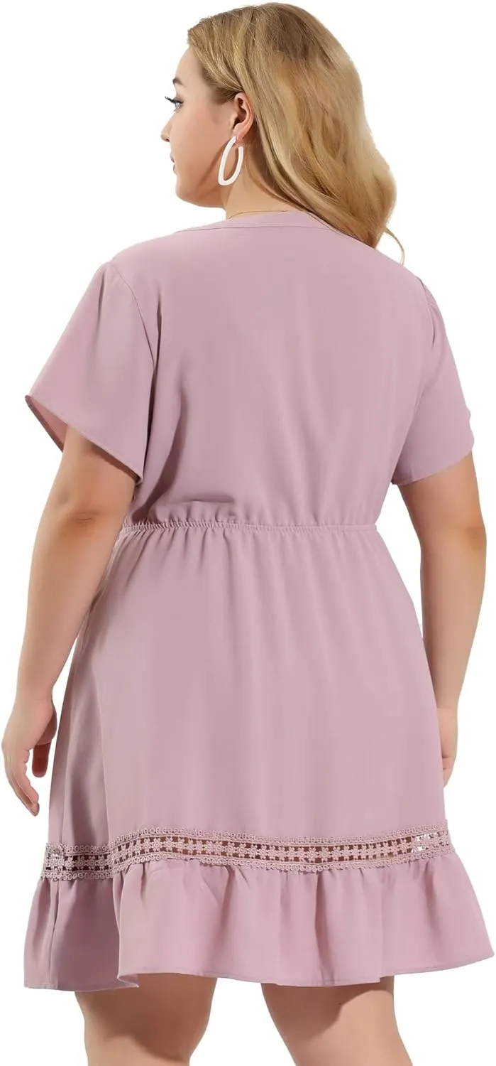 Agnes Orinda Plus Size Dress for Women Button V Neck Summer Midi Ruffle A Line Swing Dresses
