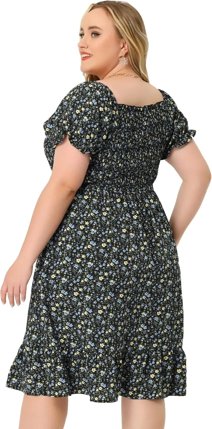 Agnes Orinda Plus Size Dress for Women Ruffle Short Sleeve Flared Flowy Smock Floral Print Dresses