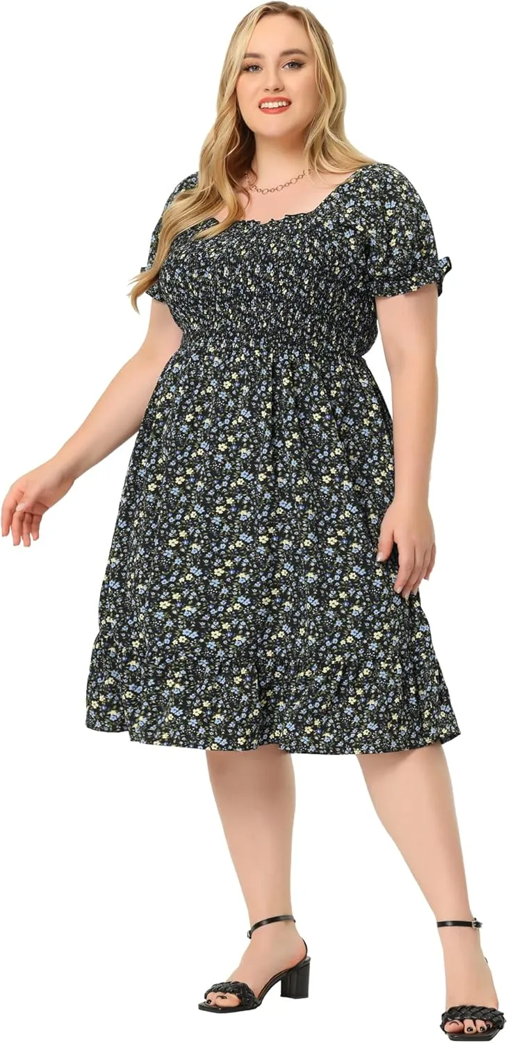 Agnes Orinda Plus Size Dress for Women Ruffle Short Sleeve Flared Flowy Smock Floral Print Dresses