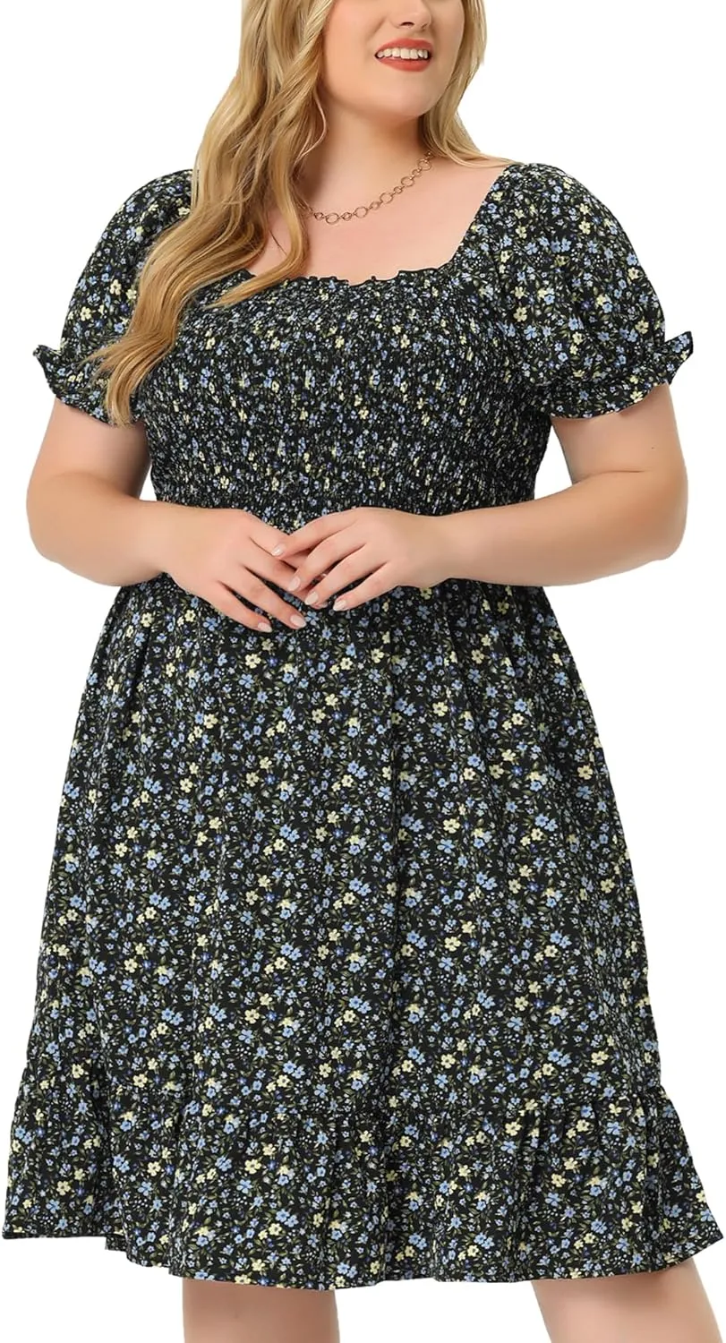 Agnes Orinda Plus Size Dress for Women Ruffle Short Sleeve Flared Flowy Smock Floral Print Dresses