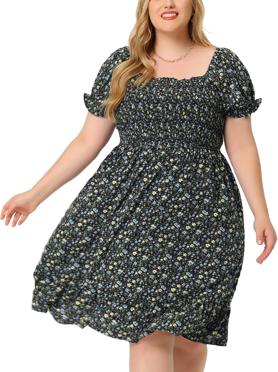Agnes Orinda Plus Size Dress for Women Ruffle Short Sleeve Flared Flowy Smock Floral Print Dresses
