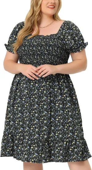 Agnes Orinda Plus Size Dress for Women Ruffle Short Sleeve Flared Flowy Smock Floral Print Dresses