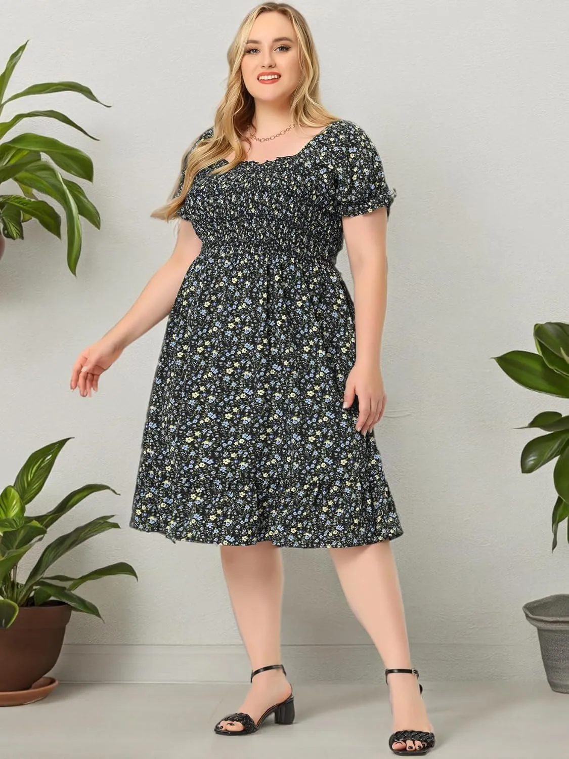 Agnes Orinda Plus Size Dress for Women Ruffle Short Sleeve Flared Flowy Smock Floral Print Dresses
