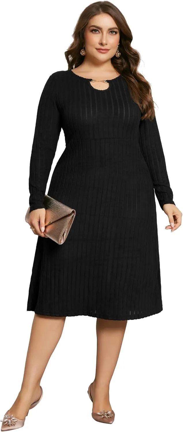 Agnes Orinda Women's Plus Size Dress Ribbed Knit Long Sleeves Keyhole Crew Neck Pullover a Line Midi Dresses