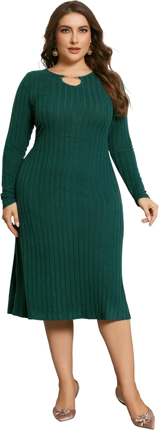 Agnes Orinda Women's Plus Size Dress Ribbed Knit Long Sleeves Keyhole Crew Neck Pullover a Line Midi Dresses