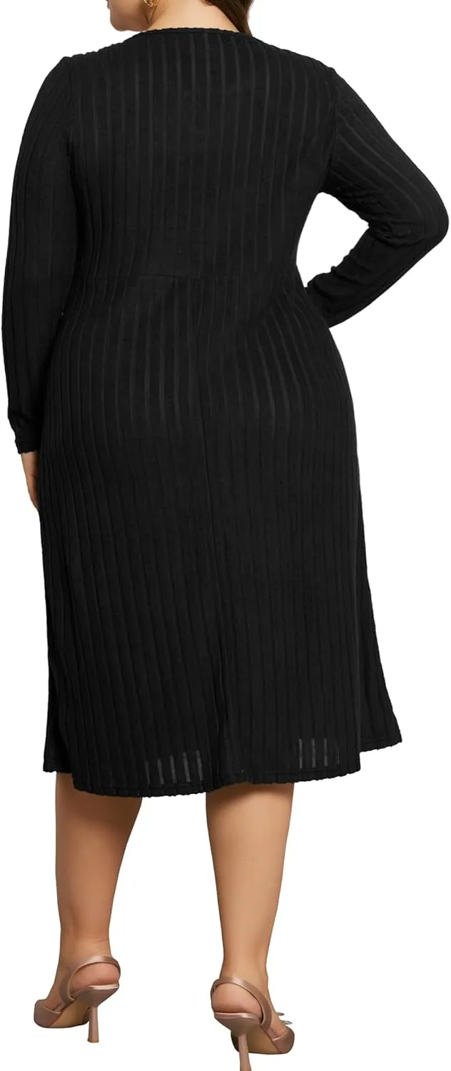Agnes Orinda Women's Plus Size Dress Ribbed Knit Long Sleeves Keyhole Crew Neck Pullover a Line Midi Dresses