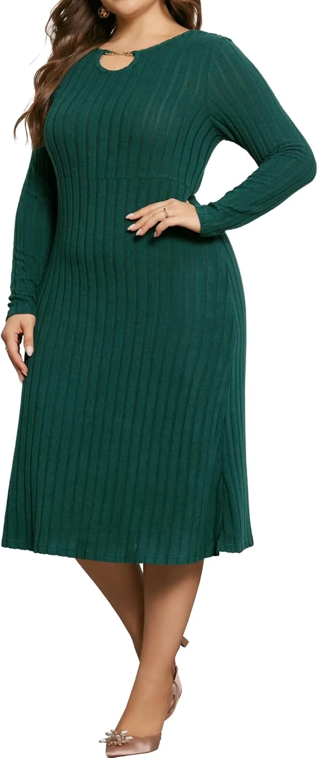 Agnes Orinda Women's Plus Size Dress Ribbed Knit Long Sleeves Keyhole Crew Neck Pullover a Line Midi Dresses