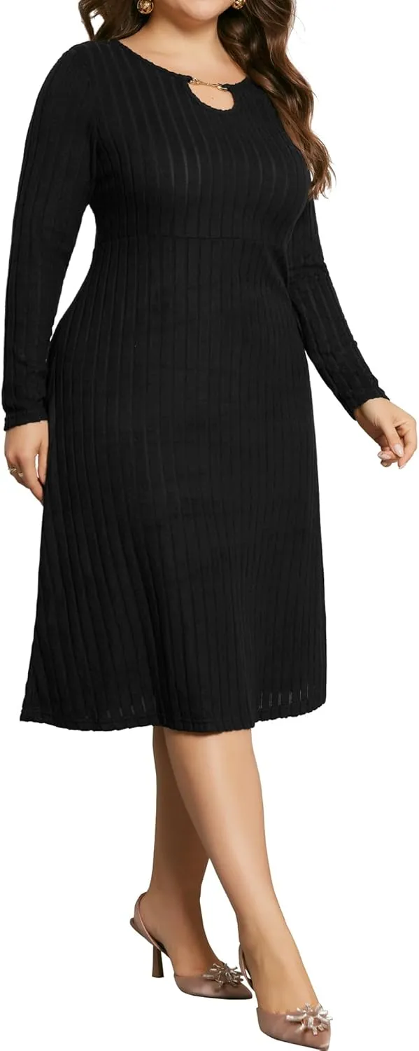 Agnes Orinda Women's Plus Size Dress Ribbed Knit Long Sleeves Keyhole Crew Neck Pullover a Line Midi Dresses