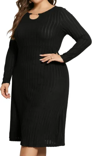 Agnes Orinda Women's Plus Size Dress Ribbed Knit Long Sleeves Keyhole Crew Neck Pullover a Line Midi Dresses