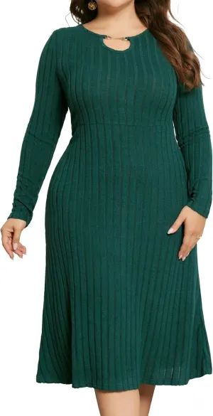 Agnes Orinda Women's Plus Size Dress Ribbed Knit Long Sleeves Keyhole Crew Neck Pullover a Line Midi Dresses