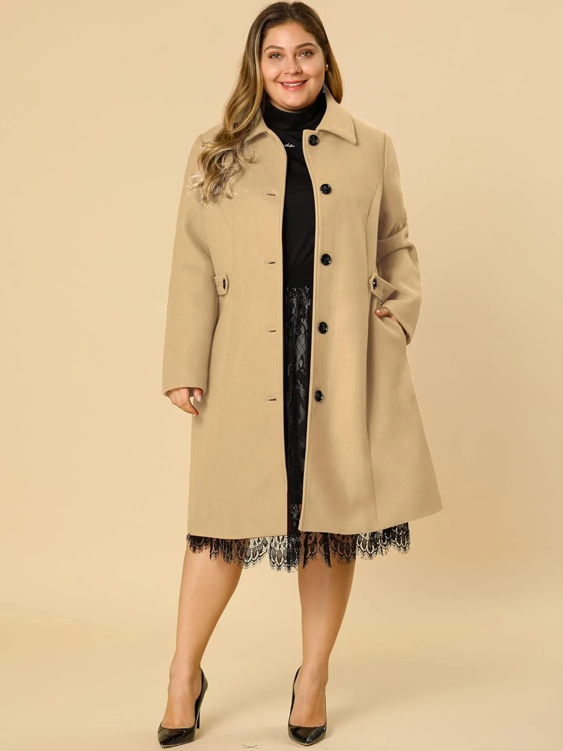 Agnes Orinda Women's Plus Size Single Breasted Belted Winter Long Coat