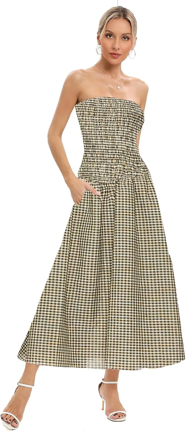 Aigeman Women Strapless Tube Maxi Dress Flowy Swing Long Sundress Sleeveless Summer Boho Beach Dress with Pokets 330