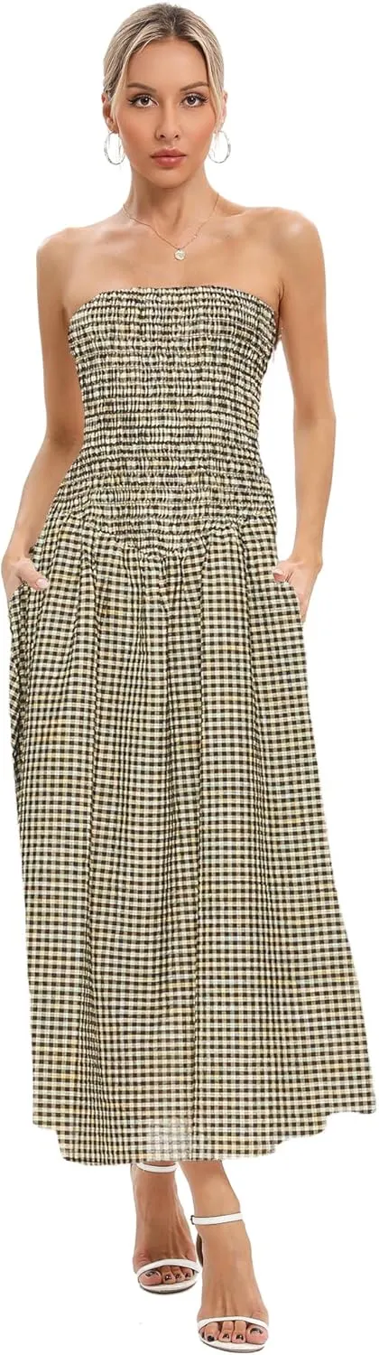Aigeman Women Strapless Tube Maxi Dress Flowy Swing Long Sundress Sleeveless Summer Boho Beach Dress with Pokets 330