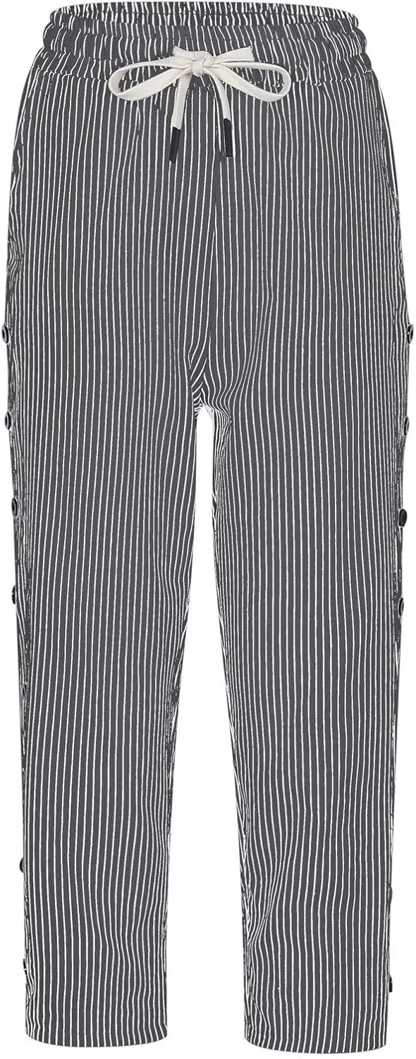 aihihe Linen Capri Pants for Women Casual Summer Striped Button Culottes Drawstring Cropped Pant Beach Travel Lounge Capris
