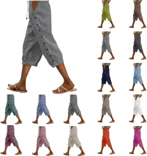 aihihe Linen Capri Pants for Women Casual Summer Striped Button Culottes Drawstring Cropped Pant Beach Travel Lounge Capris
