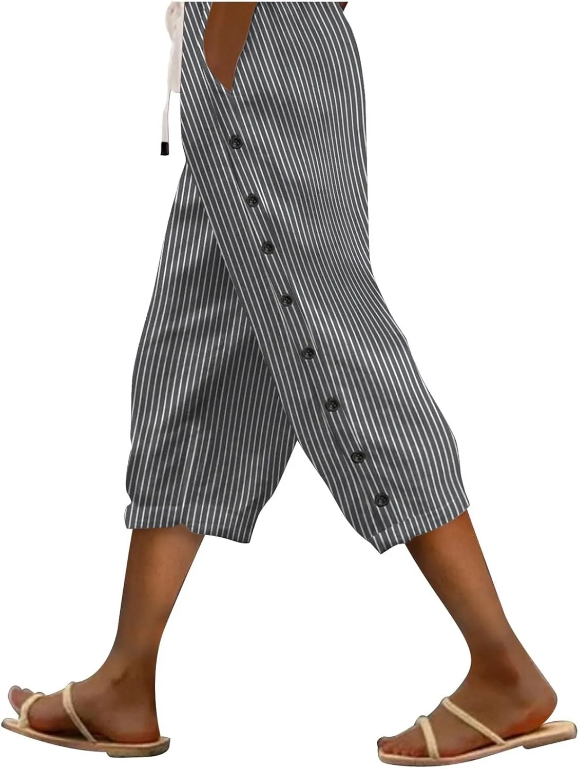 aihihe Linen Capri Pants for Women Casual Summer Striped Button Culottes Drawstring Cropped Pant Beach Travel Lounge Capris