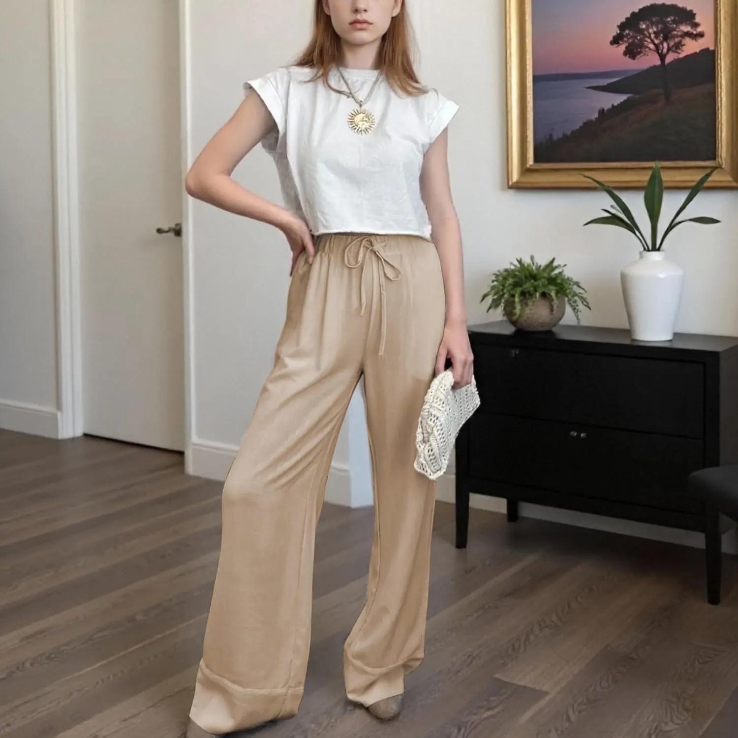 Ainangua Women Linen Palazzo Pants Casual Elasticated Drawstring Waist Wide Leg Trousers Trendy Beach Travel Outfits