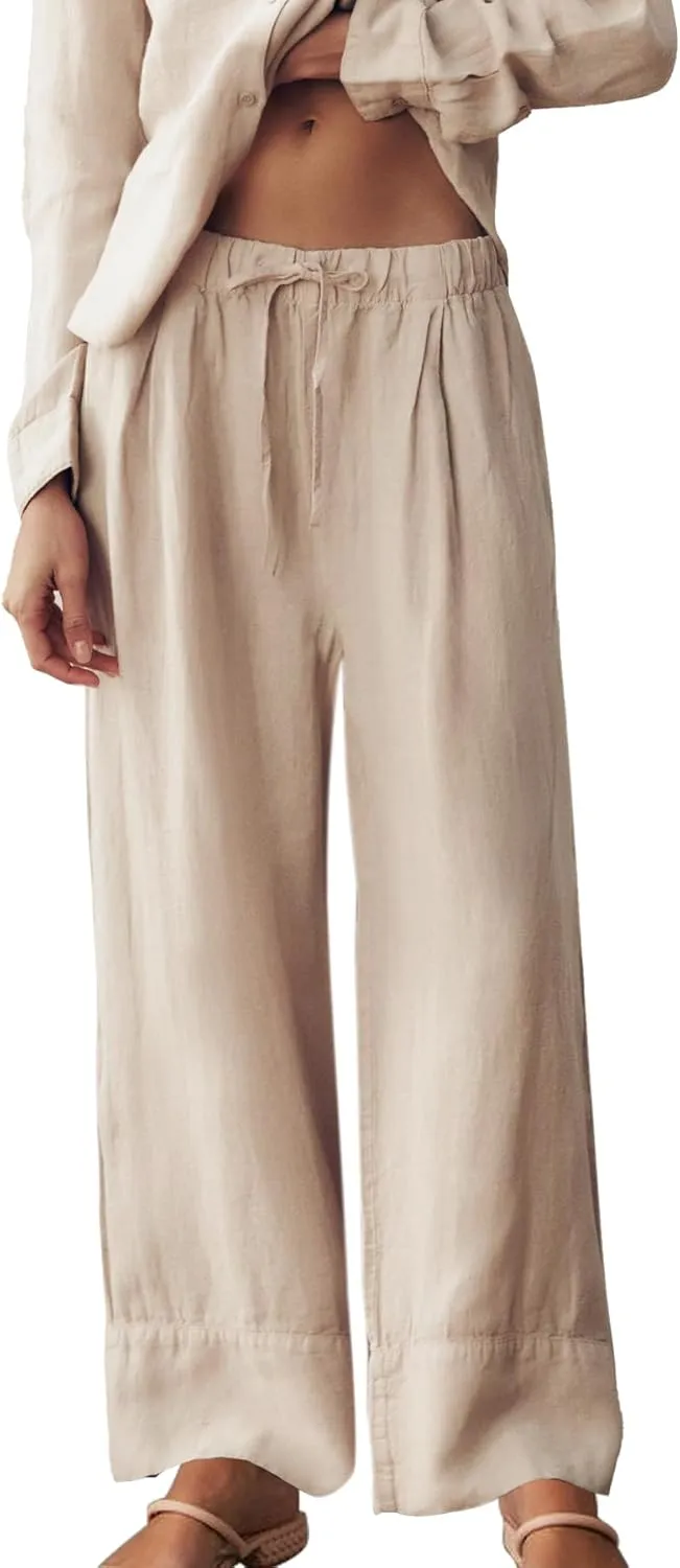 Ainangua Women Linen Palazzo Pants Casual Elasticated Drawstring Waist Wide Leg Trousers Trendy Beach Travel Outfits