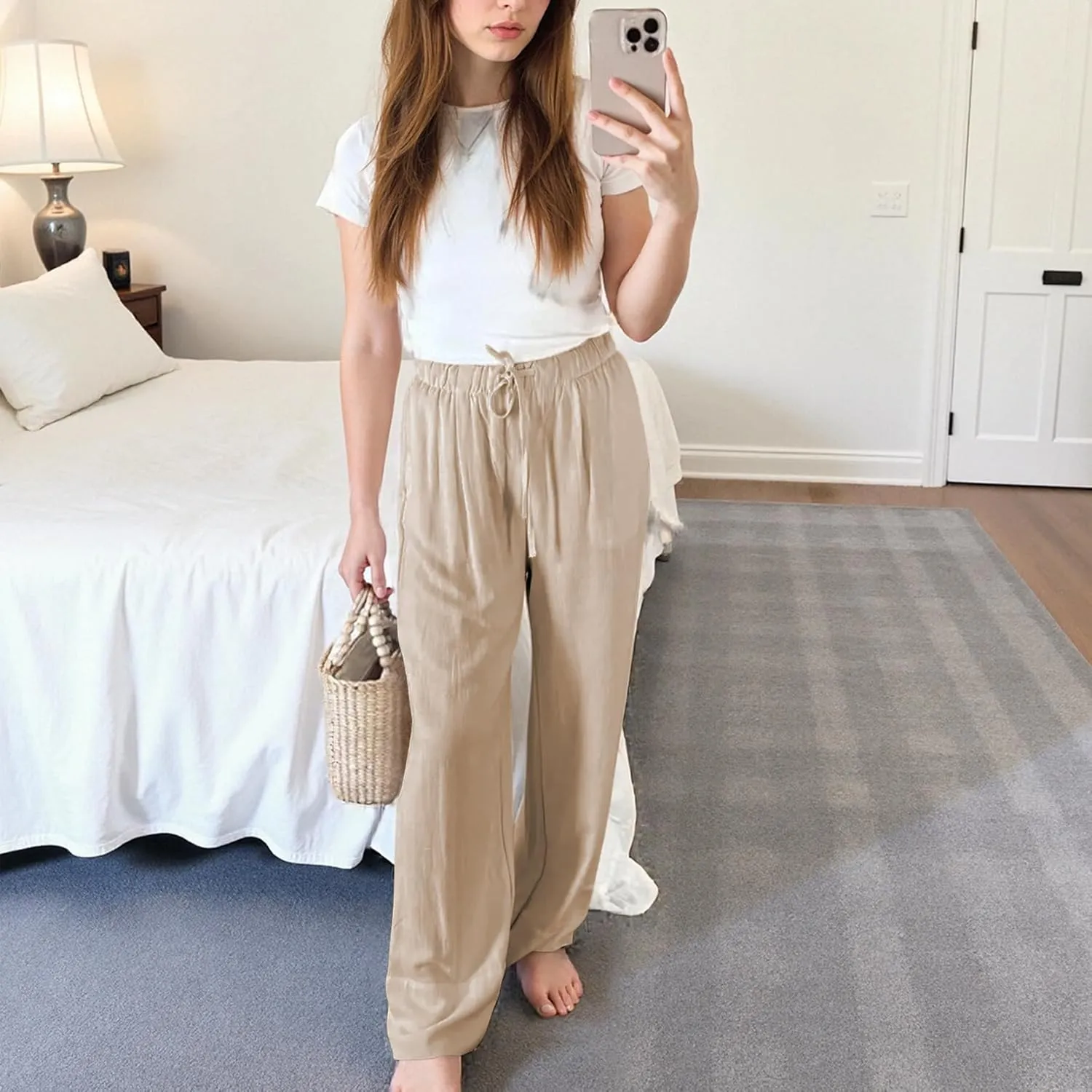 Ainangua Women Linen Palazzo Pants Casual Elasticated Drawstring Waist Wide Leg Trousers Trendy Beach Travel Outfits