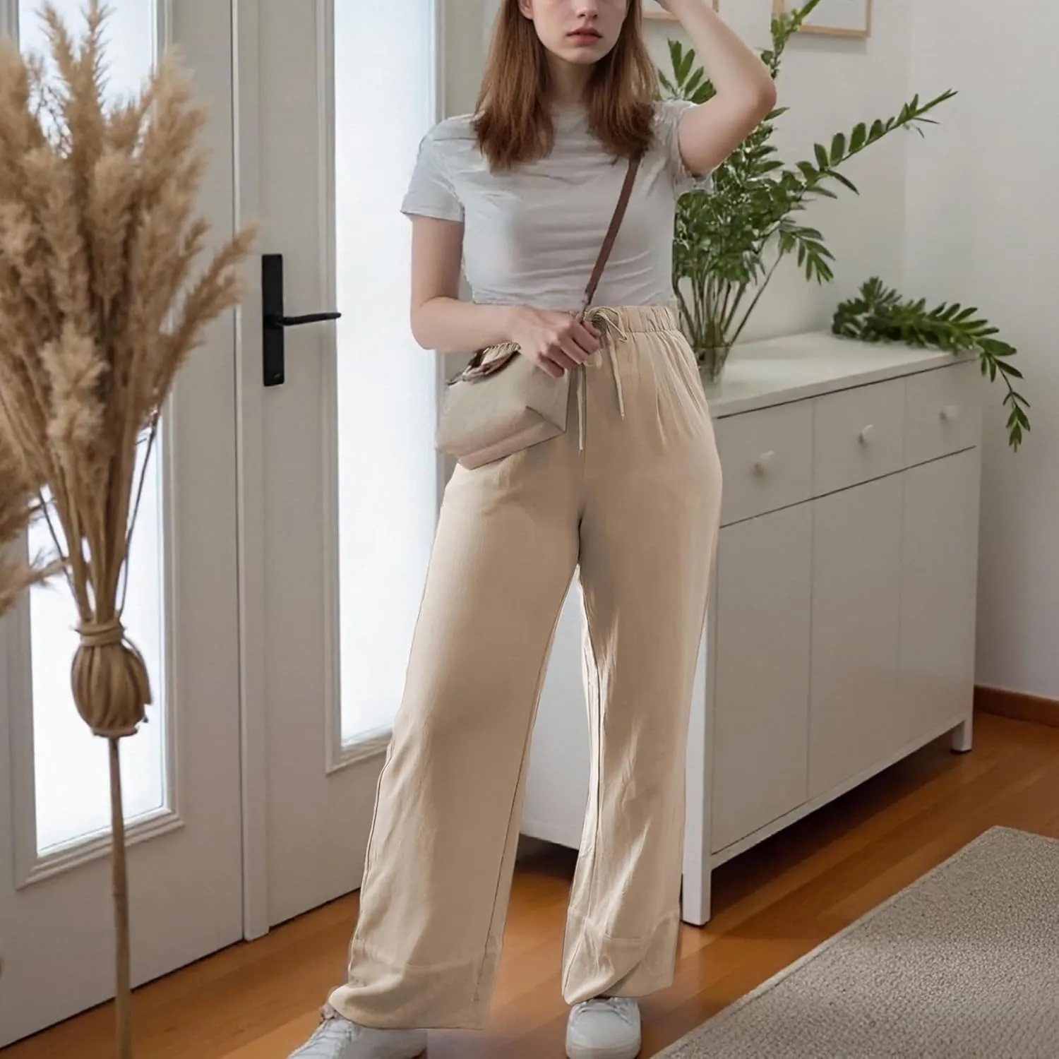 Ainangua Women Linen Palazzo Pants Casual Elasticated Drawstring Waist Wide Leg Trousers Trendy Beach Travel Outfits