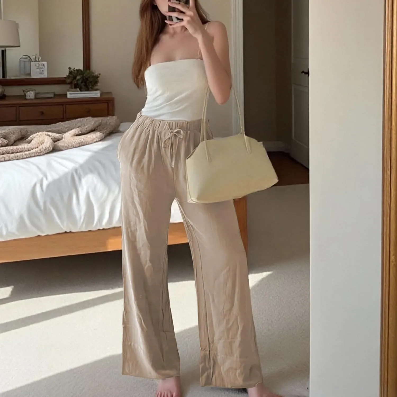 Ainangua Women Linen Palazzo Pants Casual Elasticated Drawstring Waist Wide Leg Trousers Trendy Beach Travel Outfits
