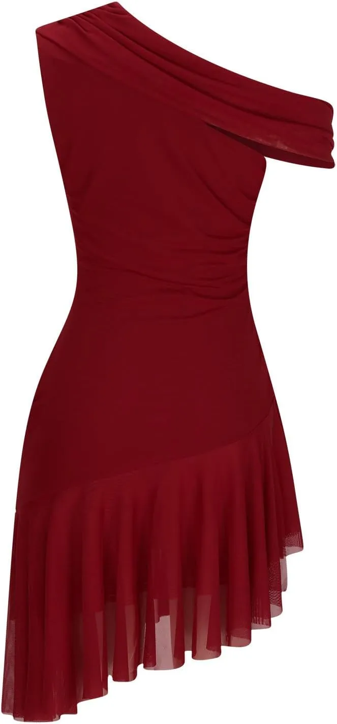 Akklian Women Chiffon Mesh Backless Sexy Mini Dress Asymmetrical One Shoulder Sleeveless Ruffle Hem Party Club Drape Dress