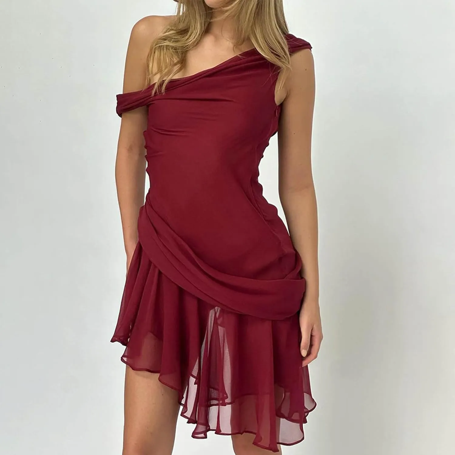 Akklian Women Chiffon Mesh Backless Sexy Mini Dress Asymmetrical One Shoulder Sleeveless Ruffle Hem Party Club Drape Dress
