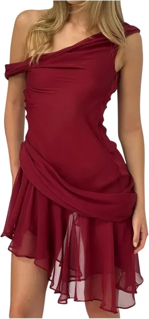 Akklian Women Chiffon Mesh Backless Sexy Mini Dress Asymmetrical One Shoulder Sleeveless Ruffle Hem Party Club Drape Dress