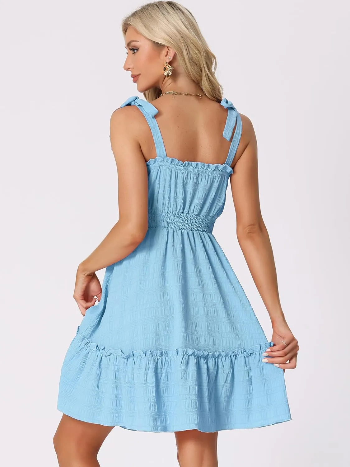 Allegra K Women's Casual Boho Tie Straps Ruffled Trim Smocked Waist Mini Dress