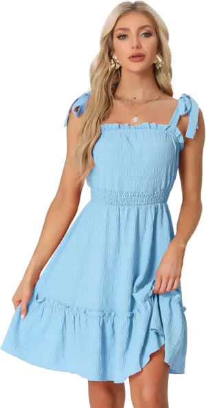 Allegra K Women's Casual Boho Tie Straps Ruffled Trim Smocked Waist Mini Dress