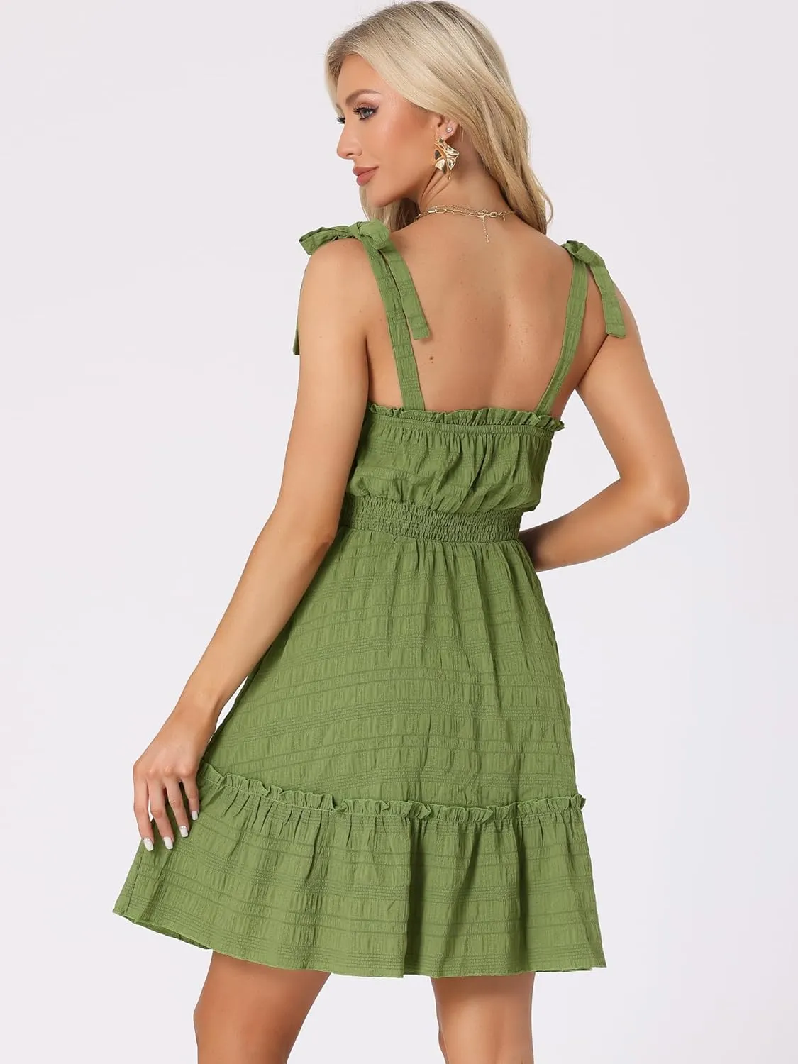Allegra K Women's Casual Boho Tie Straps Ruffled Trim Smocked Waist Mini Dress