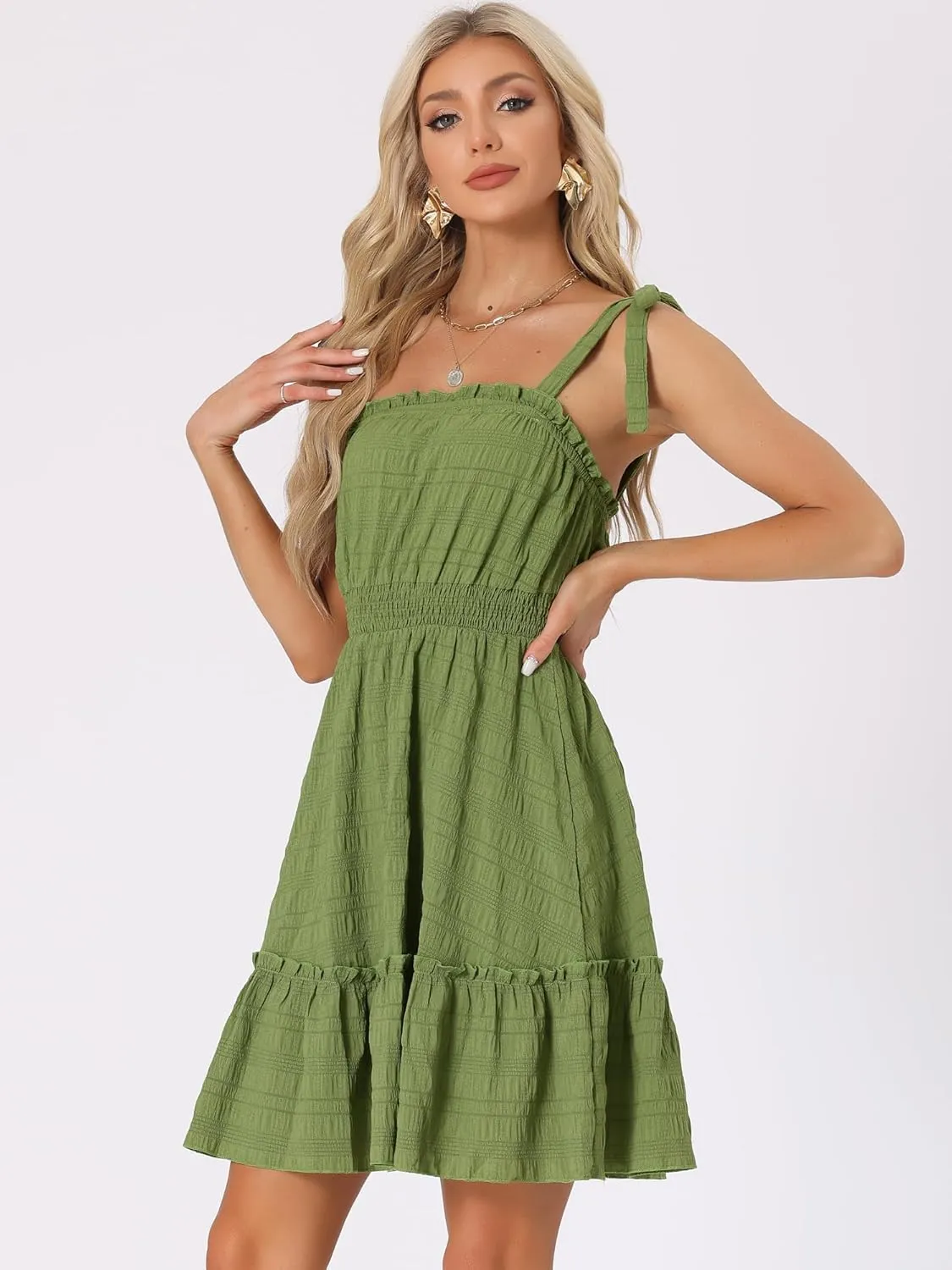 Allegra K Women's Casual Boho Tie Straps Ruffled Trim Smocked Waist Mini Dress