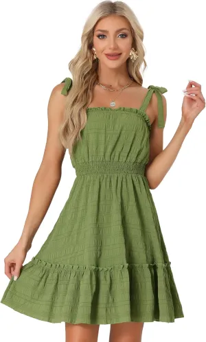 Allegra K Women's Casual Boho Tie Straps Ruffled Trim Smocked Waist Mini Dress