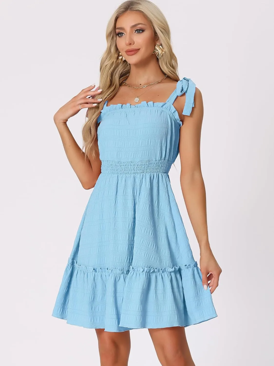 Allegra K Women's Casual Boho Tie Straps Ruffled Trim Smocked Waist Mini Dress