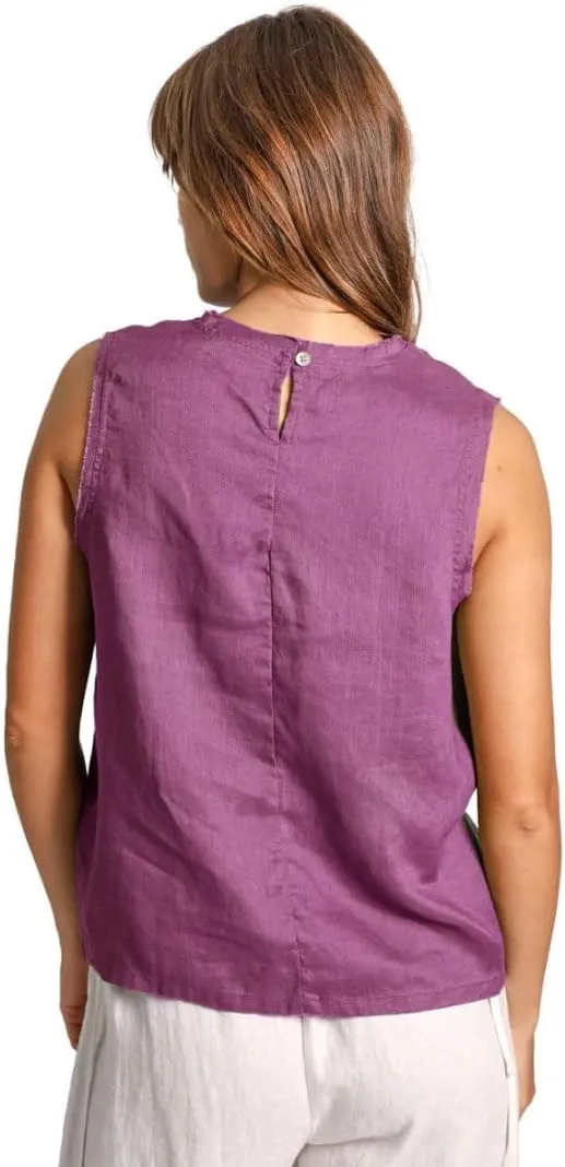 Amazhiyu Womens 100% Linen Summer Scoop Neck Tank Tops Sleeveless Raw Edge Blouse