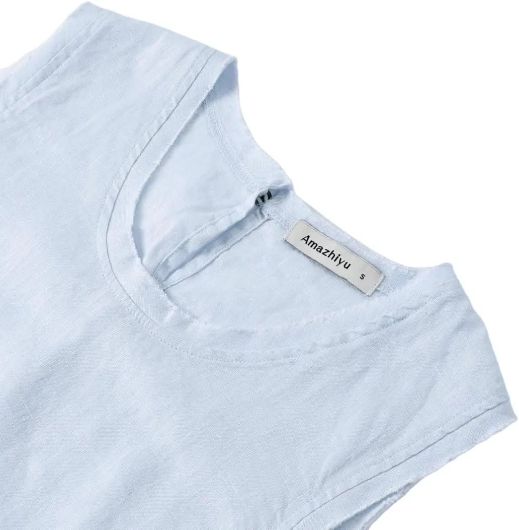 Amazhiyu Womens 100% Linen Summer Scoop Neck Tank Tops Sleeveless Raw Edge Blouse